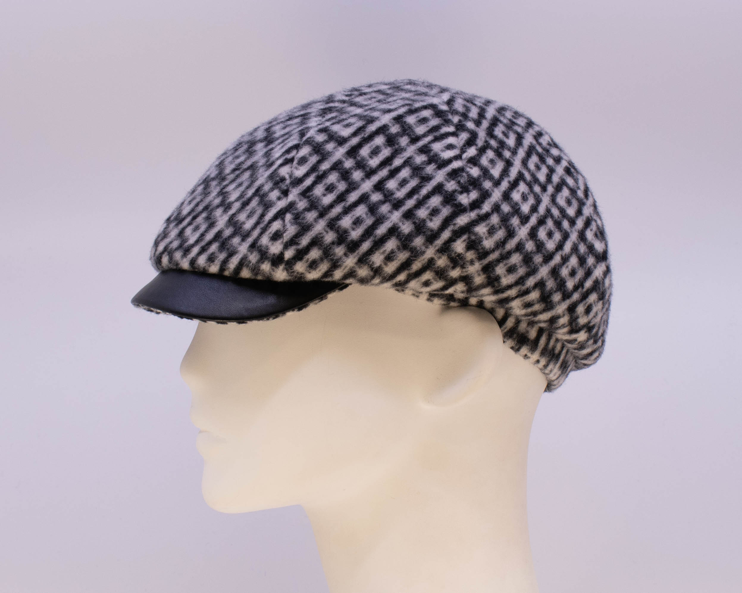 Hunter Check: Peaky Cap (Mens) - Black/White Check (Side View)